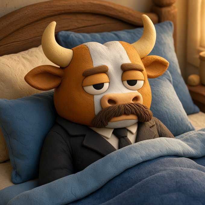 A 3D-rendered anthropomorphic bull with a mustache, wearing a business suit and tie, lies in bed under blue covers with a tired expression, propped against pillows.
