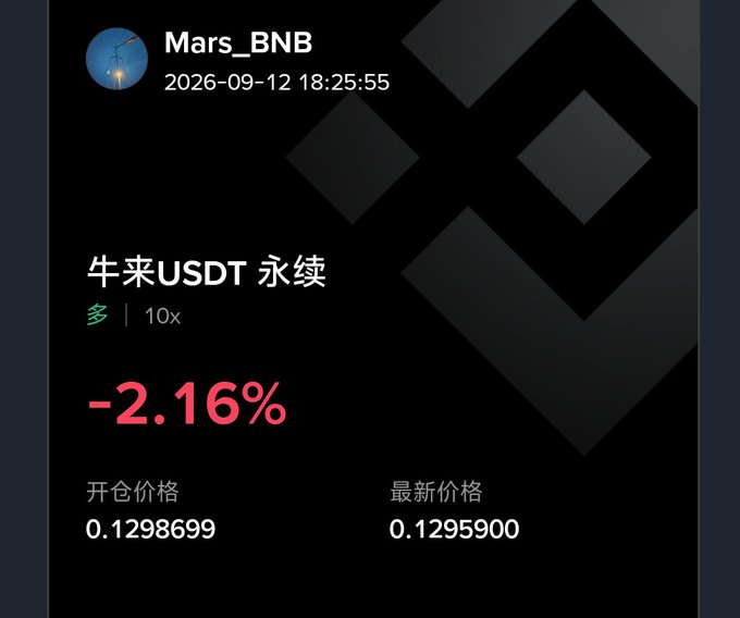 A trading interface showing a position by user Mars_BNB on 牛来USDT 永续 (perpetual futures) with 10x leverage, currently down -2.16%, with an opening price of 0.1298699 and latest price of 0.1295900.