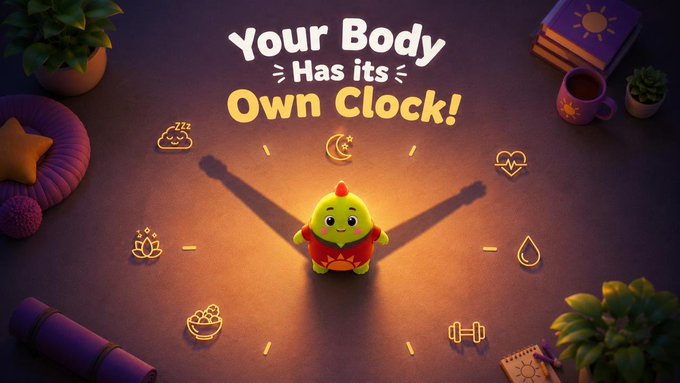 A 3D-rendered wellness advertisement with the text 'Your Body Has Its Own Clock!' featuring a small yellow chick in a red outfit surrounded by floating icons representing sleep, hydration, exercise, and meditation, set on a desk with plants and exercise equipment.