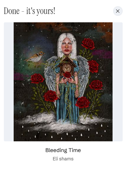 The image displays a completed NFT purchase notification for "Bleeding Time" by Eli Shams, featuring a digital artwork of a winged angel figure with a starry night background, surrounded by red roses, with a small bird perched on one of the blooms. The header reads "Done - it's yours!" confirming the successful collection of the piece on objkt.com as referenced in the accompanying post.