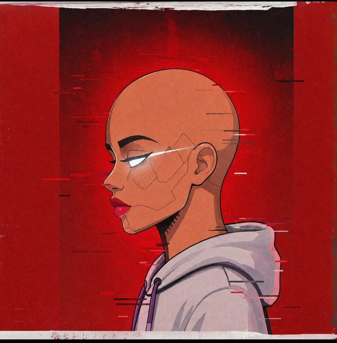 Digital illustration artwork depicting a bald, cybernetic-looking figure in profile with white glowing eyes against a red background with glitch/static effects.
