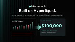 A dark promotional graphic for 'Built on Hyperliquid' showing $100,000 in trading volume.