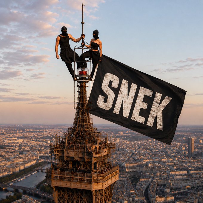 Two people dressed in black ski masks and dark clothing posing at the top of the Eiffel Tower in Paris, holding a large black flag with 'SNEXY' written in white letters.