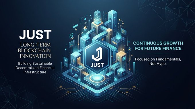 A cryptocurrency promotional graphic for 'JUST' displays the text 'LONG-TERM BLOCKCHAIN INNOVATION' and 'CONTINUOUS GROWTH FOR FUTURE FINANCE' alongside a stylized, futuristic city emblem.