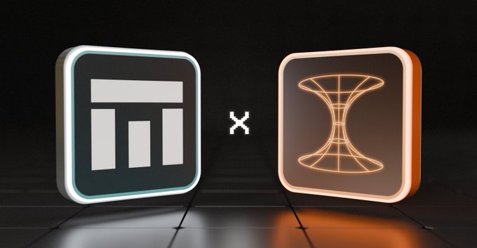 A 3D rendered graphic showing two neon-lit square icons separated by a multiplication symbol ("×"); the left icon contains a bar chart and the right shows an hourglass shape.