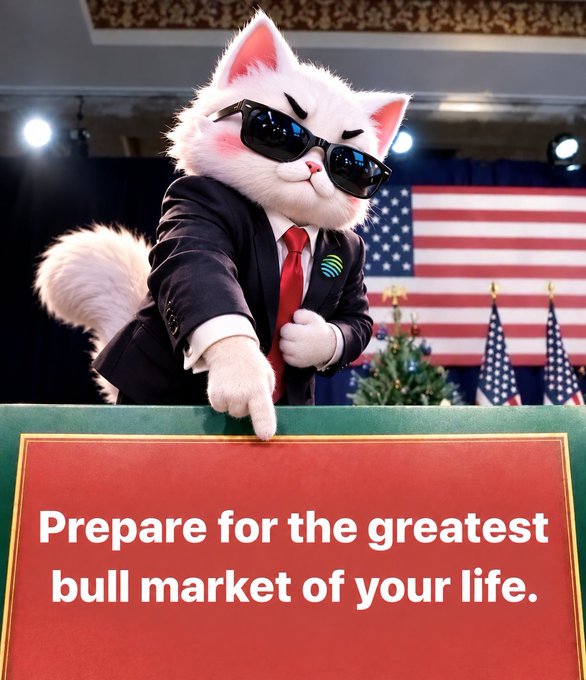 An AI-generated image shows a white cat wearing sunglasses, a suit, and a red tie pointing forward from behind a podium, with text reading 'Prepare for the greatest bull market of your life.'