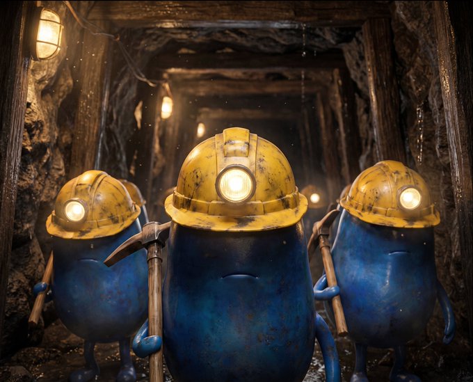 Three egg-shaped blue miners wearing yellow hard hats with headlamps stand in a dimly lit mine shaft, holding pickaxes. The image whimsically illustrates the winners of the Week 1 mining competition — the three "top miners" who emerged victorious after deploying 43.7 ETH across over 25,000 rounds.