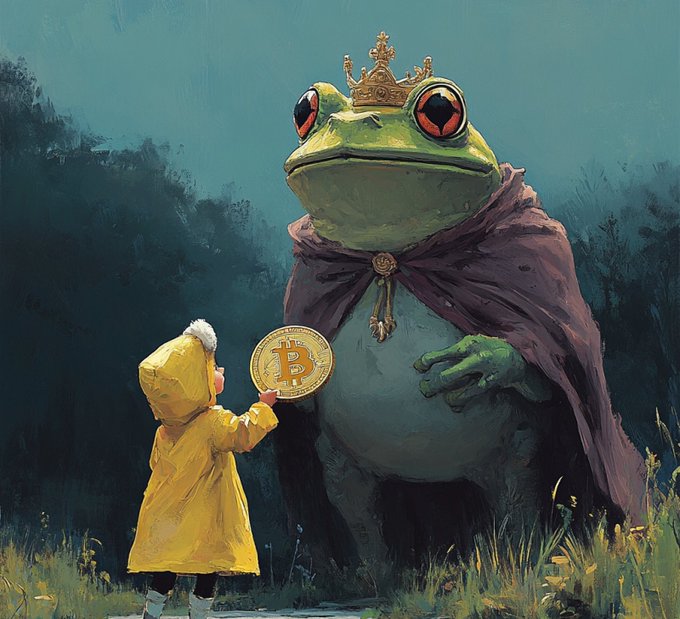 A digital painting depicting a small child in a yellow raincoat holding up a large Bitcoin coin toward a giant, crowned frog wearing a purple cloak.