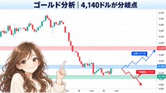 A chart titled "ゴールド分析" (Gold Analysis) showing gold's price decline from above $4,200 toward the $4,140 support level, with red and green candlesticks illustrating the downward trend, visually supporting the post's commentary about gold falling into the $4,110 range and the critical $4,140 turning point to watch.