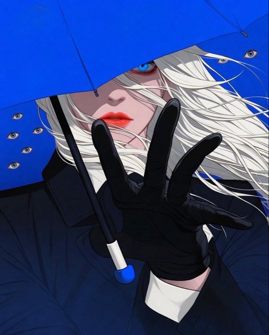 A stylized illustration of a pale woman with blue eyes and long white hair, holding up a black-gloved hand, surrounded by floating eyes against a blue background.