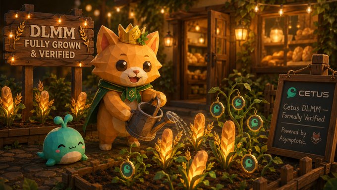A cartoon illustration of a crowned orange cat character watering plants in a garden, with signs reading 'DLMM FULLY GROWN & VERIFIED' and 'CETUS Cetus DLMM - Formally Verified Powered by Asymptotic'.