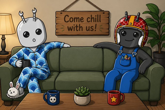 Two cartoon robot characters lounge on a couch beneath a wooden sign reading "Come chill with us!"—one wearing blue pajamas and holding a mug, the other in overalls with patches and a red patterned helmet. The cozy, inviting scene of friendly robots relaxing with coffee mugs matches the post's casual invitation to join their low-cost "sweep of bugs" challenge, conveying a welcoming, no-pressure community vibe as they're "just starting" out.