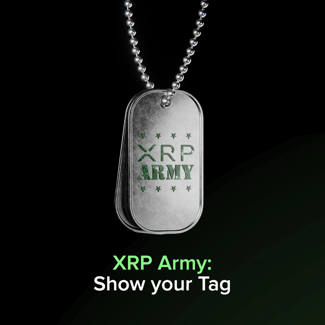 A silver military-style dog tag necklace on a black background, engraved with "XRP ARMY" in green lettering surrounded by stars, paired with the tagline "XRP Army: Show your Tag" to rally members of the XRP cryptocurrency community to display their loyalty. The post invites XRP supporters to reply and identify themselves as part of the "XRP Army."