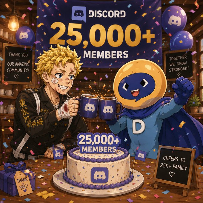 A celebratory graphic announcing "DISCORD 25,000+ MEMBERS," featuring an anime-style blonde character and a blue-hooded mascot (with a 'D' logo) clinking coffee mugs over a Discord-themed cake, surrounded by messages like "THANK YOU OUR AMAZING COMMUNITY!" and "CHEERS TO 25K+ FAMILY."