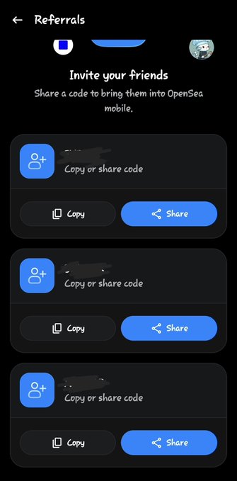 OpenSea mobile 'Referrals' screen prompting users to invite friends by sharing codes, with multiple Copy and Share buttons.