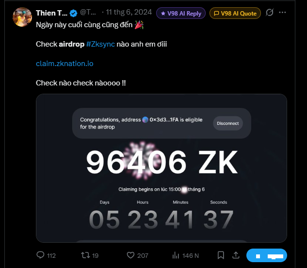 A Vietnamese Twitter post celebrating an airdrop eligibility of 96,406 ZK tokens from claim.zknation.io, showing a countdown timer of 5 days until claiming begins on June 15, 2024. The image relates to the caption's nostalgic sentiment about the declining engagement on airdrop-related posts, with the tweet only garnering 112 replies and 207 likes—a stark contrast to the high viewership such posts used to receive.