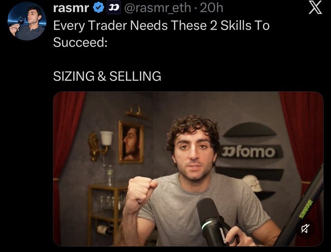 A Twitter/X post by user @rasmreth titled 'Every Trader Needs These 2 Skills To Succeed: SIZING & SELLING' features a thumbnail of a curly-haired man speaking into a microphone.
