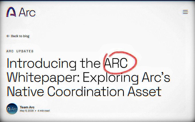 A screenshot of the Arc blog announcement "Introducing the ARC Whitepaper: Exploring Arc's Native Coordination Asset," published by Team Arc on May 11, 2026, with "ARC" circled in red to highlight the ticker tied to the "$ARC Token Loading Soon" teaser.