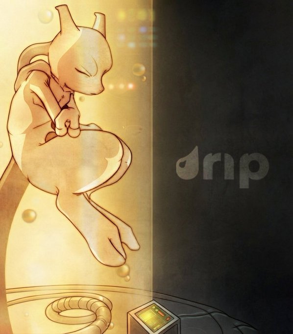 An illustration showing a humanoid cat-like figure floating in a yellow liquid environment with bubbles, next to the word 'drip'.