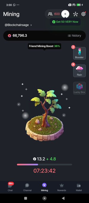 The image shows a mobile app screenshot of a "Mining" feature for "@BlockchainSage" with a balance of 66,796.3, a tree on a floating island, and a timer at 07:23:42 earning 13.2 + 4.8 tokens at a mining rate of 600. The screenshot illustrates the ongoing Verychat migration process mentioned in the post, showing the platform's current interface as users await their account transitions.