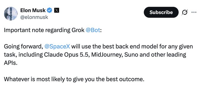 A tweet by Elon Musk (@elonmusk) stating SpaceX will use the best back end model for Grok tasks, including Claude Opus 4.5, MidJourney, and Suno.