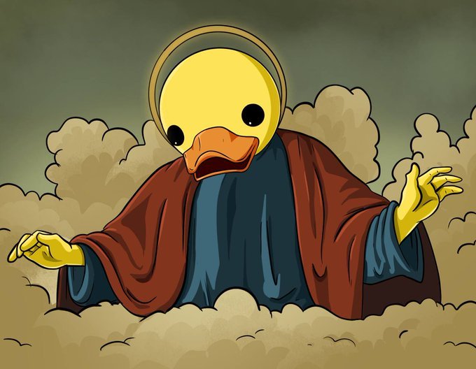 A cartoon illustration of a character with a yellow duck head wearing a halo and a red and blue robe, sitting amidst clouds with arms outstretched.