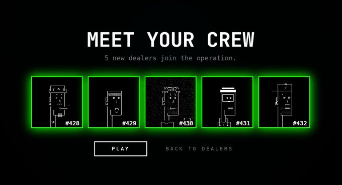 A pixel-art video game screen titled "MEET YOUR CREW" displaying five new character dealers (#428-#432) with PLAY and BACK TO DEALERS options.