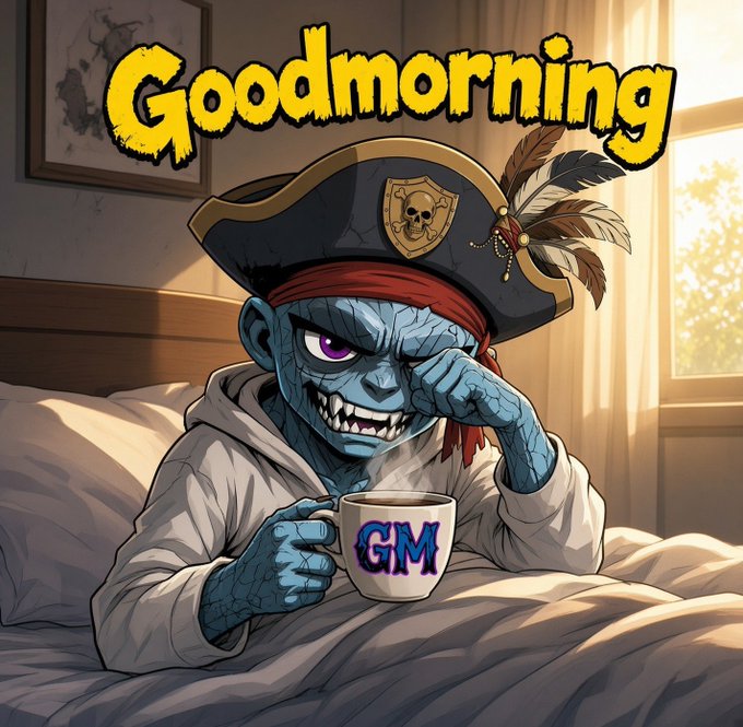 An anime-style illustration featuring a menacing pirate character in a bed holding a mug labeled 'GM', with the word 'Goodmorning' in large yellow letters across the top.