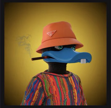 A blue cartoon duck wearing a Prada bucket hat and a vibrant Coogi-style sweater holds a cigar, matching the post about minting Ugly Duck Labz NFTs featuring Coogi sweaters.