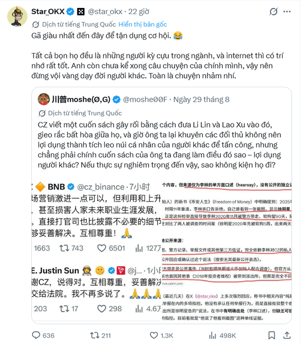 A screenshot of a Twitter/X thread from Star.0KX (@star_okx) featuring replies from 川普moshe(@moshe00F), BNB (@cz_binance), and E. Justin Sun, discussing CZ and a market manipulation narrative involving 'Li Lin' and 'Lao Xu'.