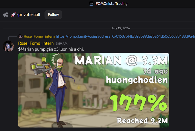 Discord message in FOMO Vista Trading channel from Rose_Fomo_intern promoting $Marian coin with a '177%' gain graphic noting it 'Reached 9.2M' from huongchodien.