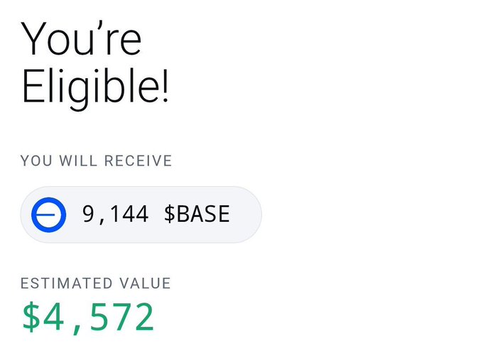 The image shows a screenshot of a social media post where someone has estimated the value of their $BASE checker app, which determines whether a user can access it based on its download history. They have marked themselves as " eligible" for this particular app.