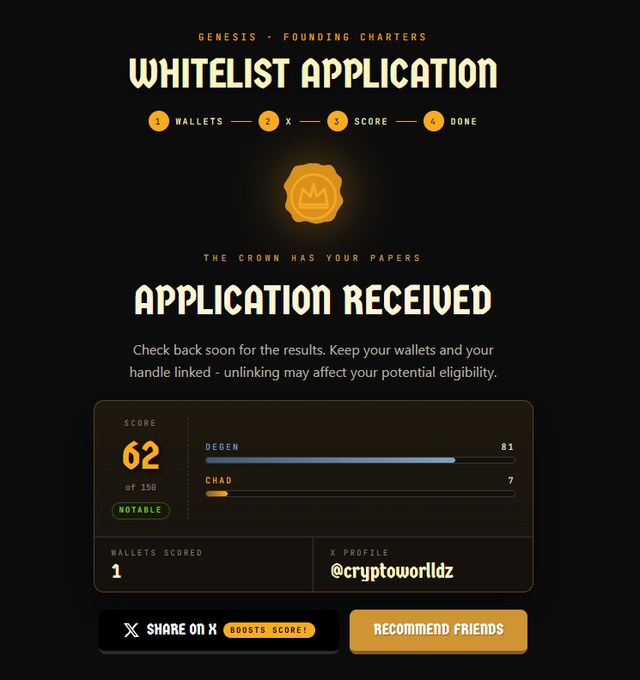 A 'Whitelist Application' results screen showing 'Application Received' with a score of 62 of 150 (NOTABLE), with DEGEN: 81 and CHAD: 7, for X profile @cryptoworldz.