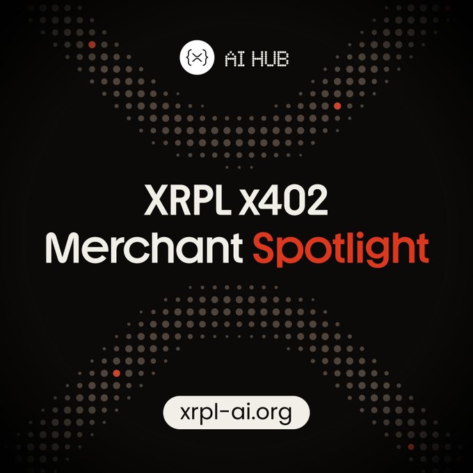 Promotional graphic for AI Hub featuring the text 'XRPL x402 Merchant Spotlight' and the URL 'xrpl-ai.org' on a black background with a dotted X pattern.