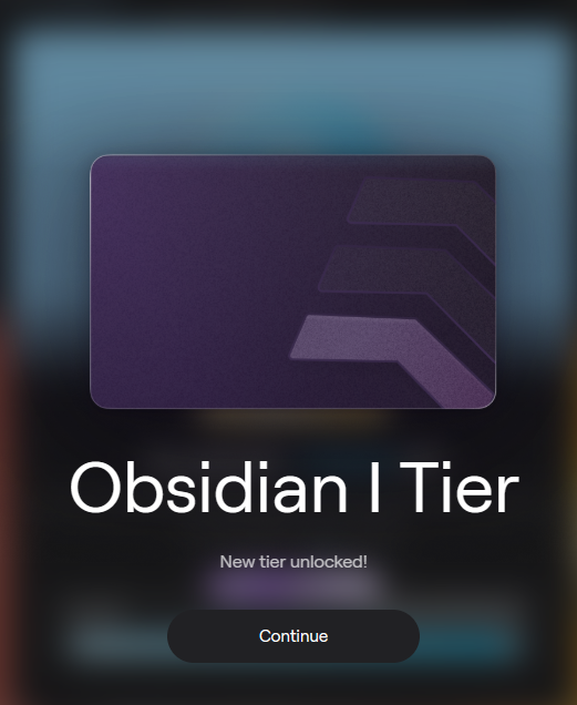 A notification screen displays "Obsidian I Tier" with the message "New tier unlocked!" and a "Continue" button, celebrating the user's achievement of reaching the top 60 in points as mentioned in the accompanying post.