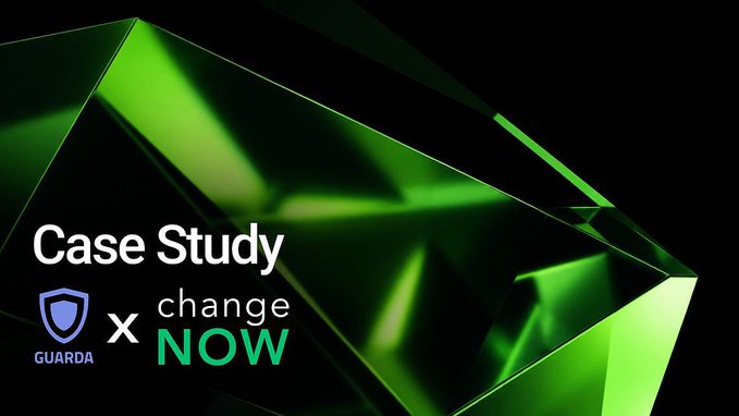 A dark graphic with a green gemstone background features the text "Case Study" alongside the Guarda shield logo and "change NOW" branding. The image visually introduces a partnership case study between Guarda, a multi-chain crypto wallet, and ChangeNOW, an instant exchange service, highlighting their collaboration in providing non-custodial crypto services across 70 blockchains.