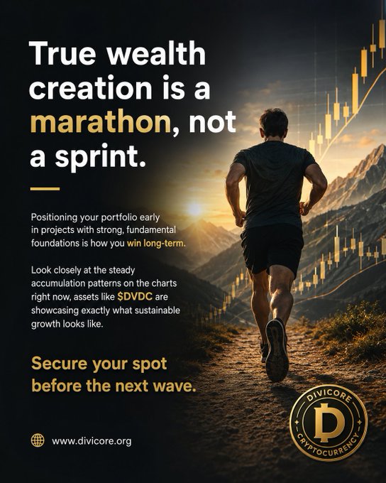 Divicore Cryptocurrency promotional poster reading 'True wealth creation is a marathon, not a sprint,' featuring a man running on a mountain trail overlaid with candlestick charts and promoting the $DVDC token.