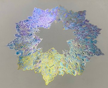 An iridescent, abstract wreath-like sculpture with intricate, frost-like patterns in pastel hues of blue, purple, and yellow floats against a muted gray background, embodying the unique, one-of-a-kind artistry highlighted in the message "Your Collection deserves 1/1 art."