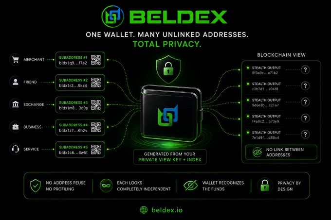 A promotional graphic for BELDEX cryptocurrency highlights 'ONE WALLET. MANY UNLINKED ADDRESSES. TOTAL PRIVACY.' with subaddresses for Merchant, Friend, Exchange, Business, and Service connected to stealth outputs.