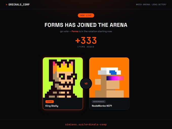 An ordinals comparison webpage titled 'FORMS HAS JOINED THE ARENA' showing +333 ITEMS ADDED, comparing 'King Skelly' (Forms) versus 'NodeMonke #371' (NodeMonkes) pixel art NFTs.