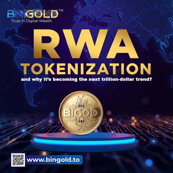 The image features a coin called "BIGOD" with a gold-colored background. The text above the coin reads "RWA tokenization", indicating that the coin represents an RWA token. Below the coin, there's a blue background with a map of the world and the words "RWA tokenization". This suggests that the coin is related to the RWA tokenization process or market trend.