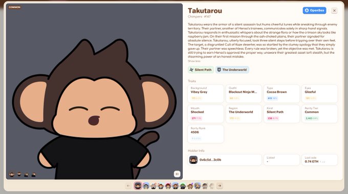 A character profile page for an OSRS (Old School RuneScape) chimpanzee NPC named 'Takutarou' displaying its stats, traits, and lore.