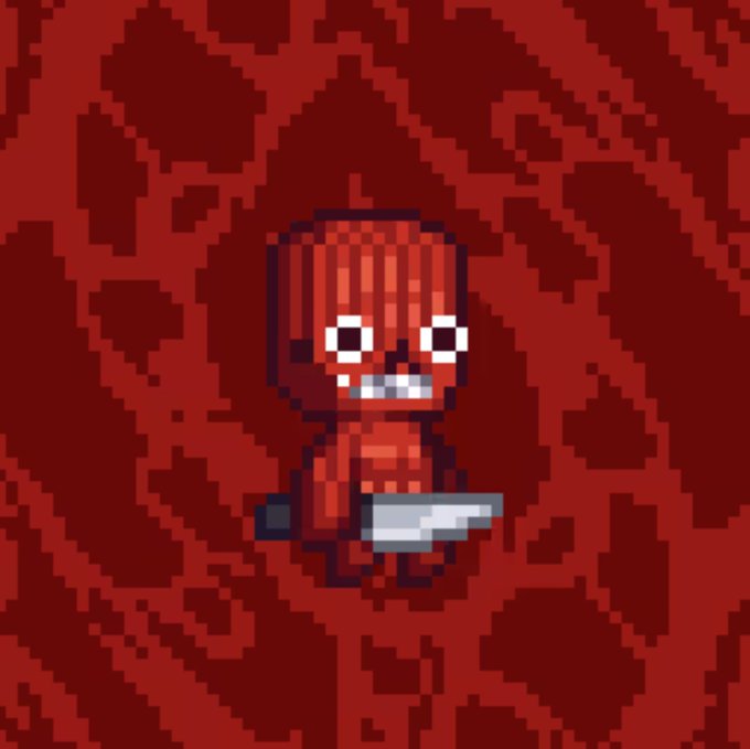 A pixel art sprite of a red demon-like creature brandishing a blade stands menacingly against a backdrop of dripping, fleshy red textures, perfectly capturing the threatening tone of the caption about maze walls failing to contain this formidable foe.