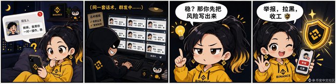 A Binance-themed four-panel comic strip shows a user receiving a chat message from someone named "朋友A" (Friend A), followed by scenes of a group chat, an annoyed character demanding "风险名单" (risk list), and a final panel of a smiling Binance-themed figure holding a verified badge with the text "举报，拉黑，收工" (Report, block, done). The comic playfully illustrates Binance's community crackdown on scammers, which contrasts with the post's commentary on a sharp selloff of the $summer token, highlighting how hype-driven speculation around new AI agents can lead to sudden price crashes despite the project's underlying thesis remaining intact.
