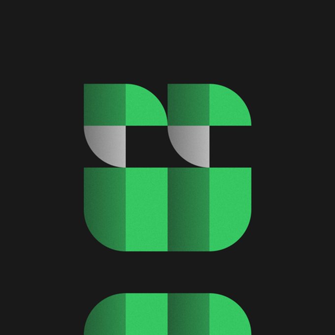 A minimalist geometric design on a black background featuring stylized green and white shapes that resemble abstract letters or a face, with a textured grainy finish.