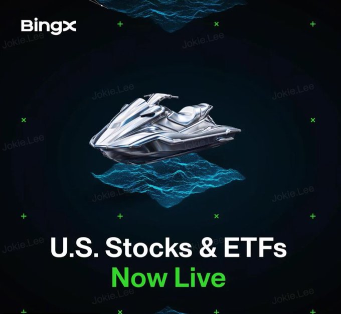 A promotional graphic for "BingX" advertising "U.S. Stocks & ETFs Now Live", featuring a 3D rendered silver jet ski on a dark background with water ripples and a watermark "Jokie.Lee".