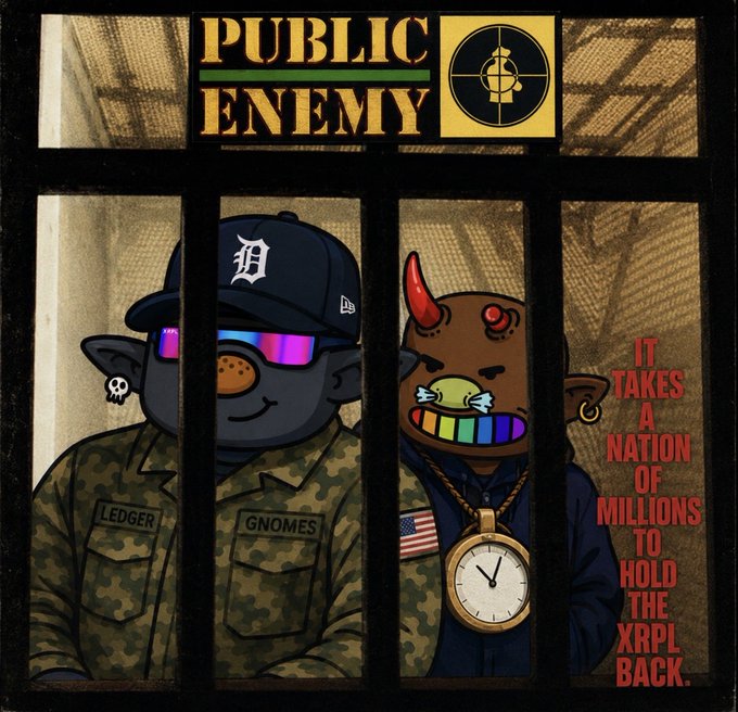 A parody of Public Enemy's 'It Takes a Nation of Millions to Hold Us Back' album cover, featuring cartoon characters 'Ledger' and 'Gnomes' in military attire behind prison bars, with text reading 'IT TAKES A NATION OF MILLIONS TO HOLD THE XRPL BACK.'