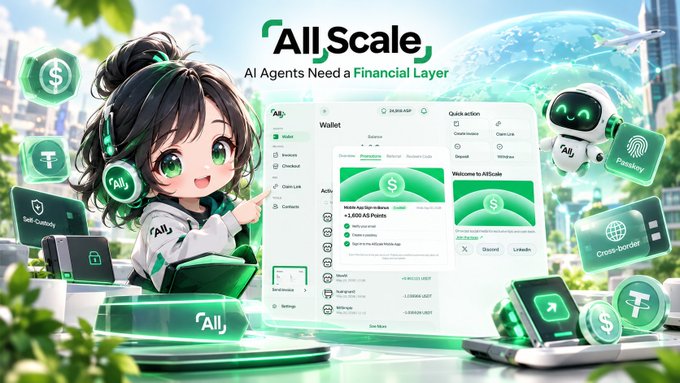A promotional graphic for 'AllScale' subtitled 'AI Agents Need a Financial Layer', showing an anime-style character with a laptop surrounded by financial app icons and a wallet interface.