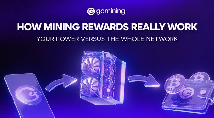 A promotional graphic for gomining titled 'HOW MINING REWARDS REALLY WORK' with subtitle 'YOUR POWER VERSUS THE WHOLE NETWORK,' showing arrows flowing from a phone to a crypto mining rig to Bitcoin and gomining tokens.