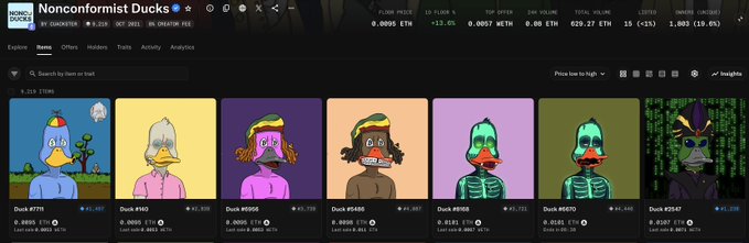 Screenshot of the Nonconformist Ducks NFT marketplace on OpenSea, displaying duck avatars (#7771 through #3347) with their prices listed in ETH.